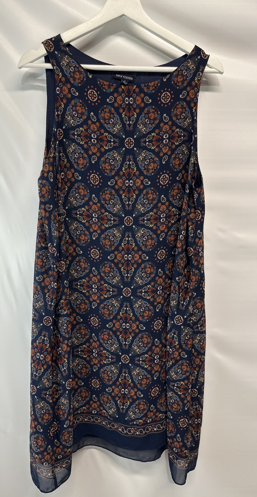 Max Edition Shift Dress Navy Blue Paisley Sleeveless Lined Summer Dress L