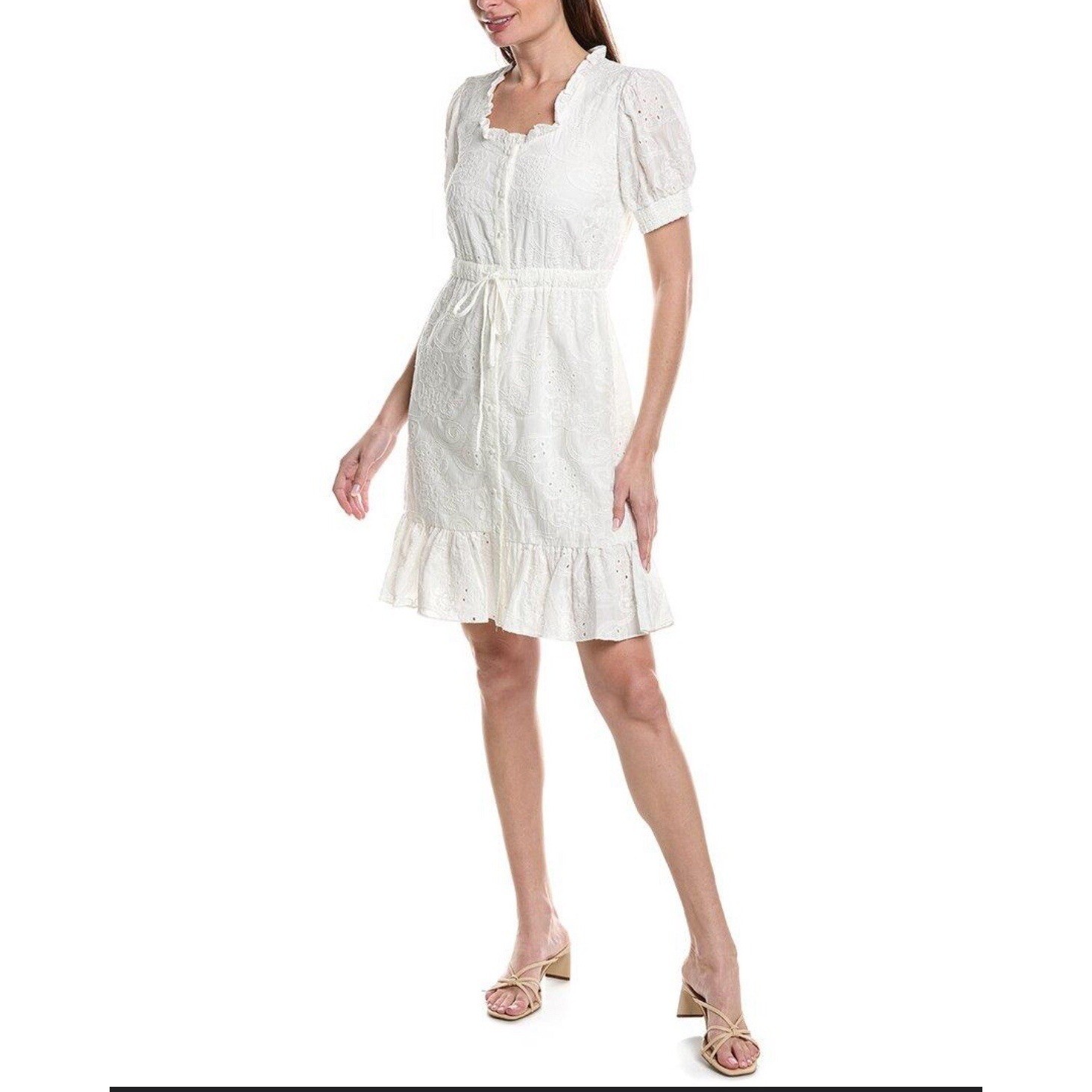 Nanette Lepore Womens White Eyelet Cotton Puff Sleeve Ruffle Hem Dress Size 8