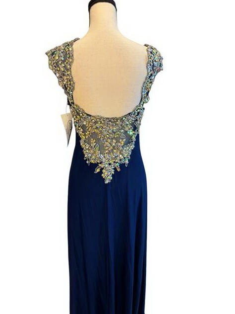 Temptation Navy Blue Silver Embroidered Rhinestone Dress Size 16 $249 Prom