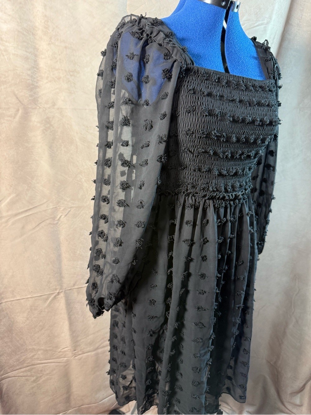 21 – Smocked Square-Neck Black Long Sleeve Midi Dress