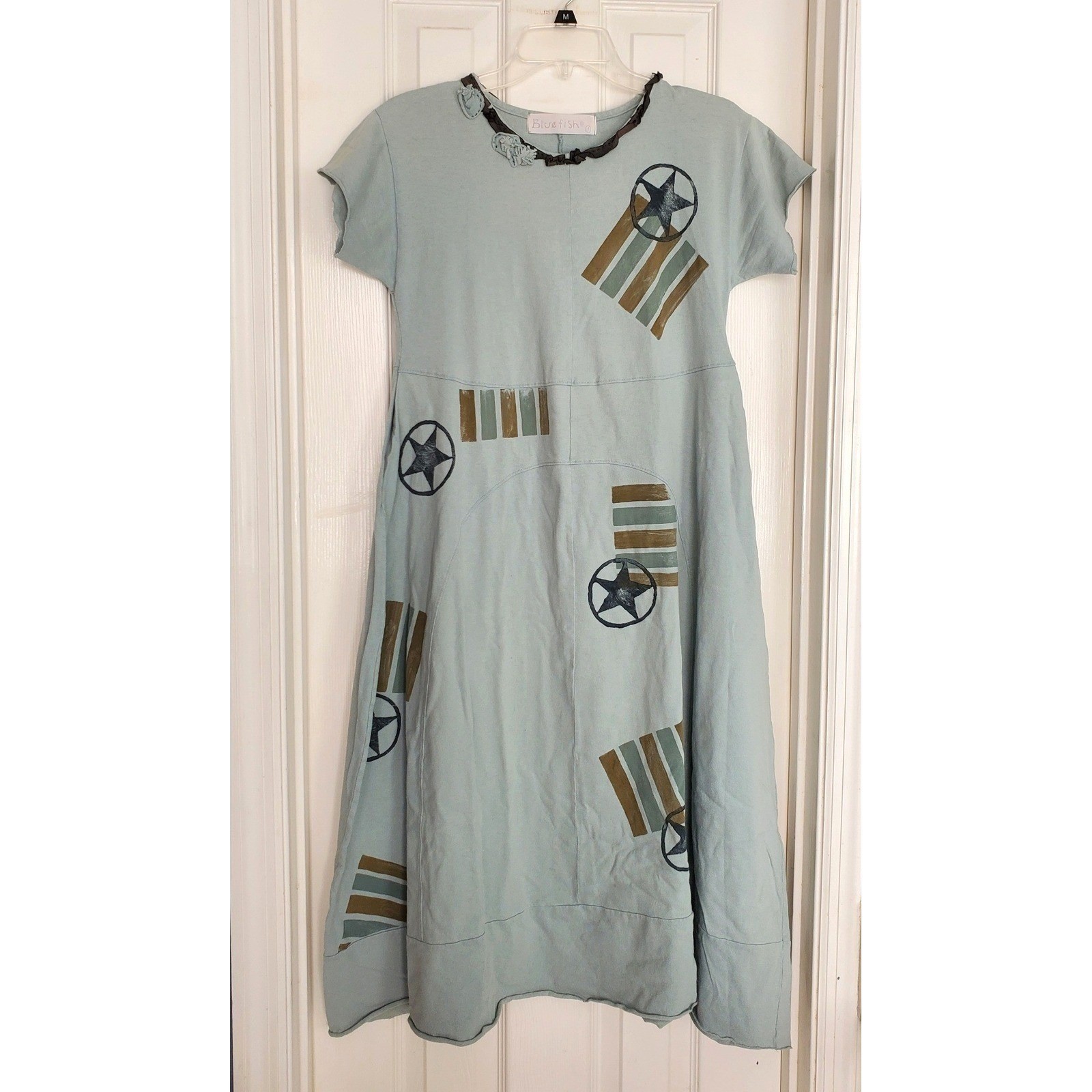 90s Vtg Blue Fish Dress Light Blue Star Organic Cotton Boho Lagenlook Sm?