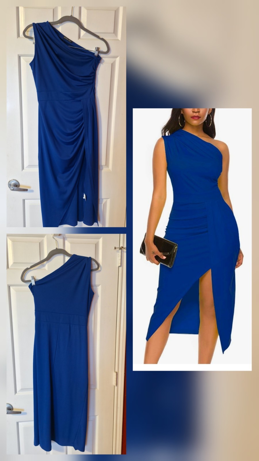 Women’s One-Shoulder Ruched Bodycon Midi Dress w/ Side Slit, Blue Size L