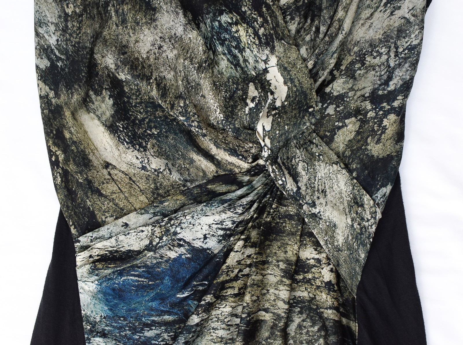 Helmut Lang Silk Twist Front Abstract Dress Green Black Sz 4 Raven Print Sateen