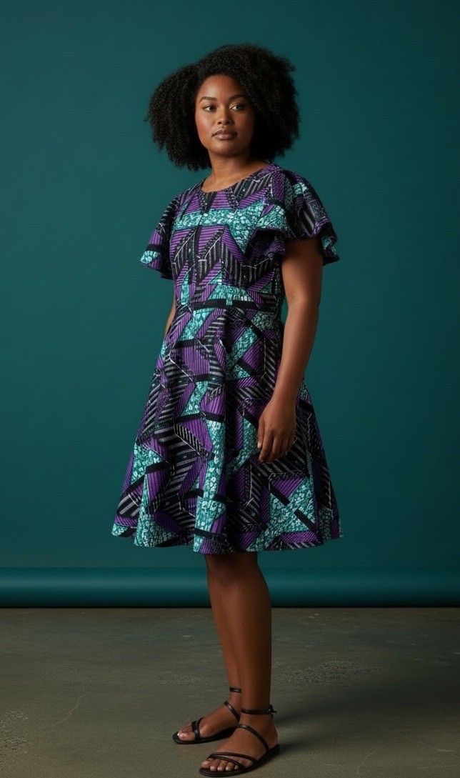 Ankara Wax Print Teal Purple Geo Dress Teal Sz L Flounce Midi Handmade New