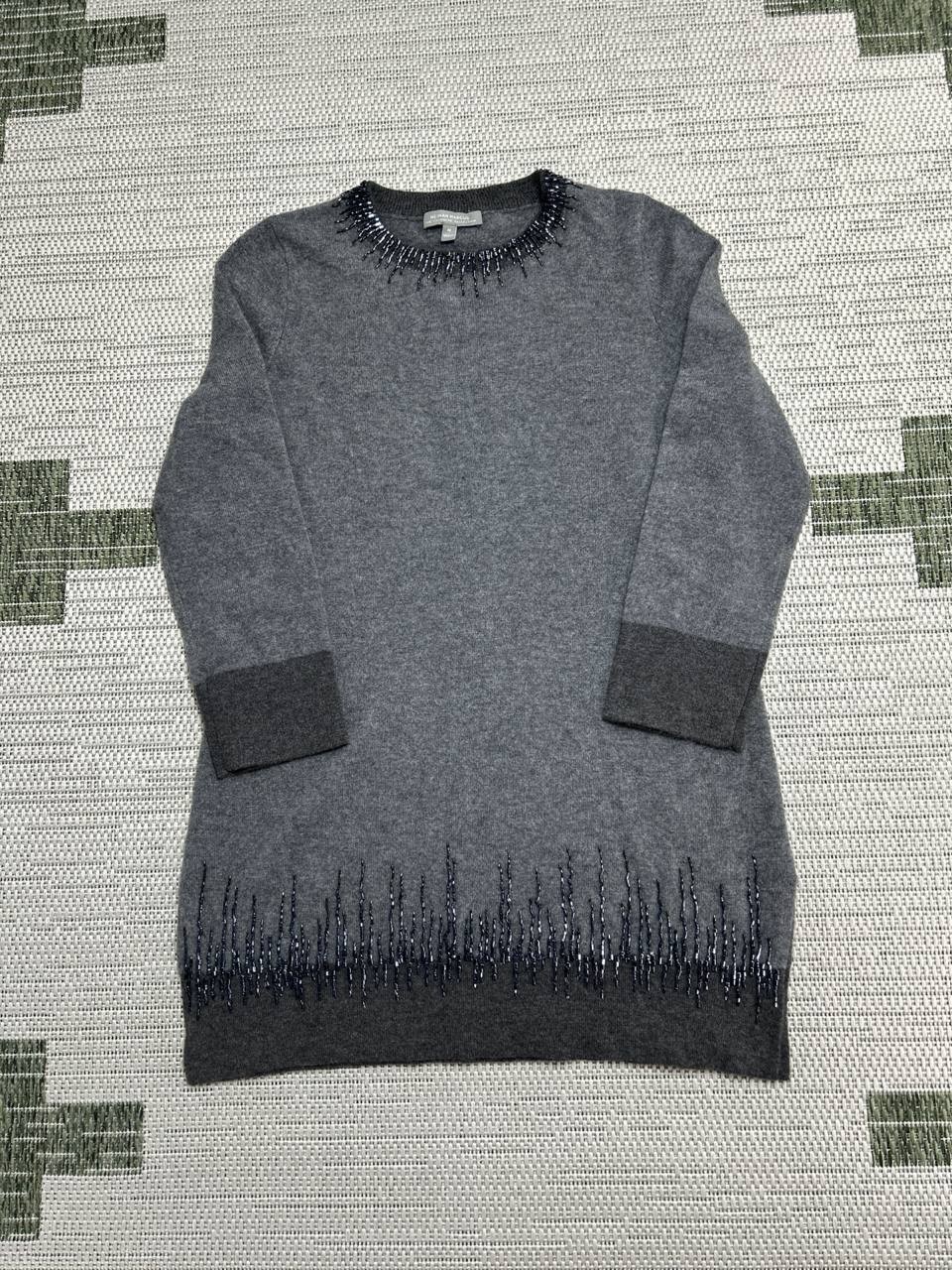 Neiman Marcus Sweater Dress Womens Medium Gray Cashmere Ribbed Trim Crew Neck
