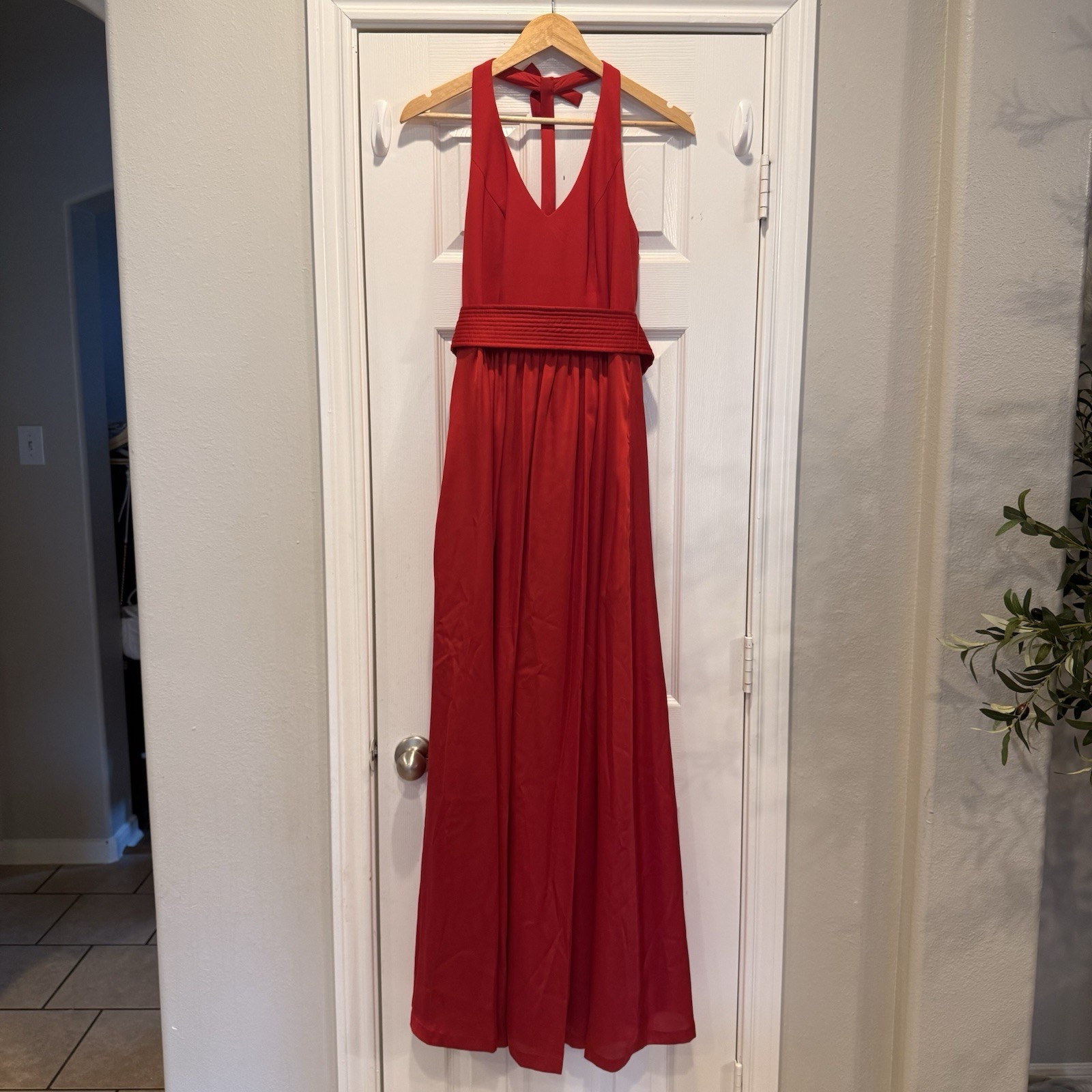 WHITE by Vera Want Halter Long Dress Red Satin Belted Slit Bow Occasion Formal
