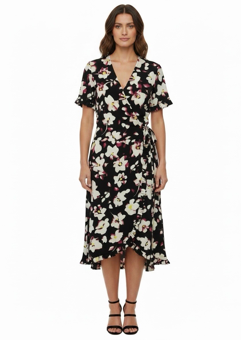 Roz & Ali Floral V Neck Wrap Style Dress Size 4