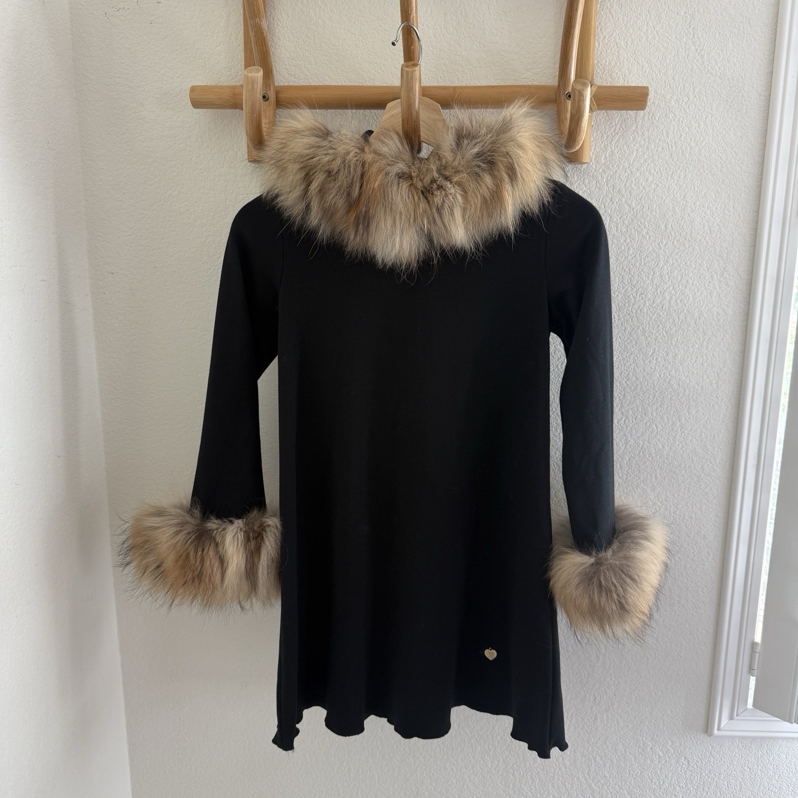 90s Black real fur trim cuffs hooded tunic mini dress made in Spain size 0 glam