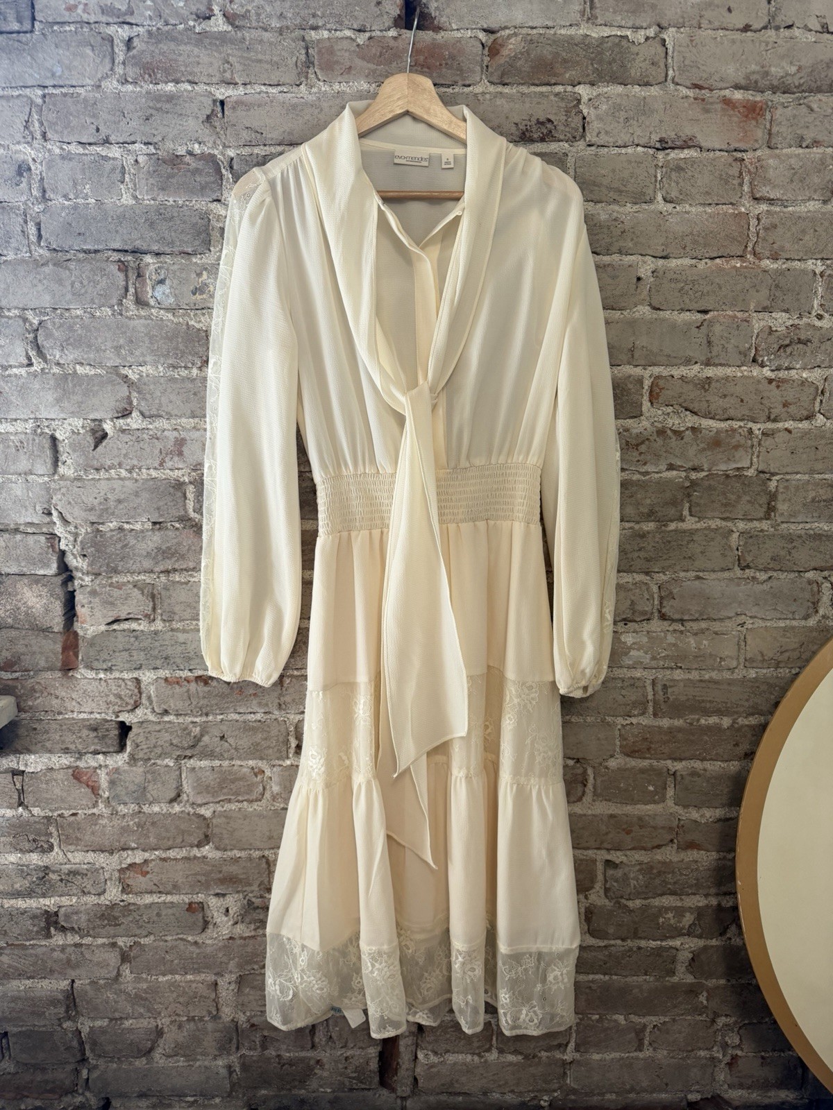 Eva Mendes Long Sleeve Midi Chiffon Tie Neck Dress Cream Size Small