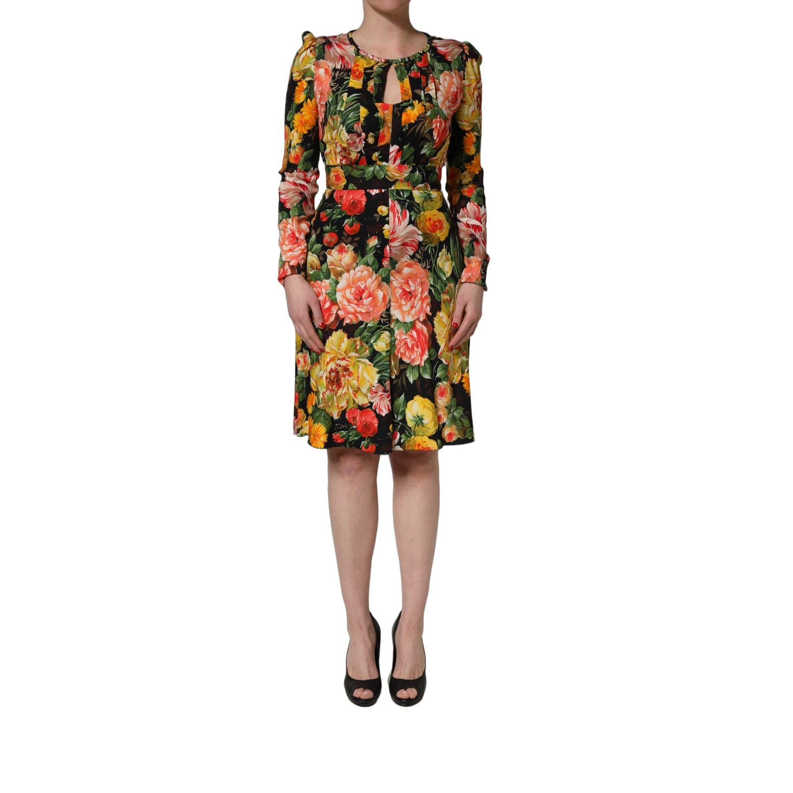 DOLCE & GABBANA Dress Multicolor Floral Long Sleeve Midi IT46/US12/XL 2180usd