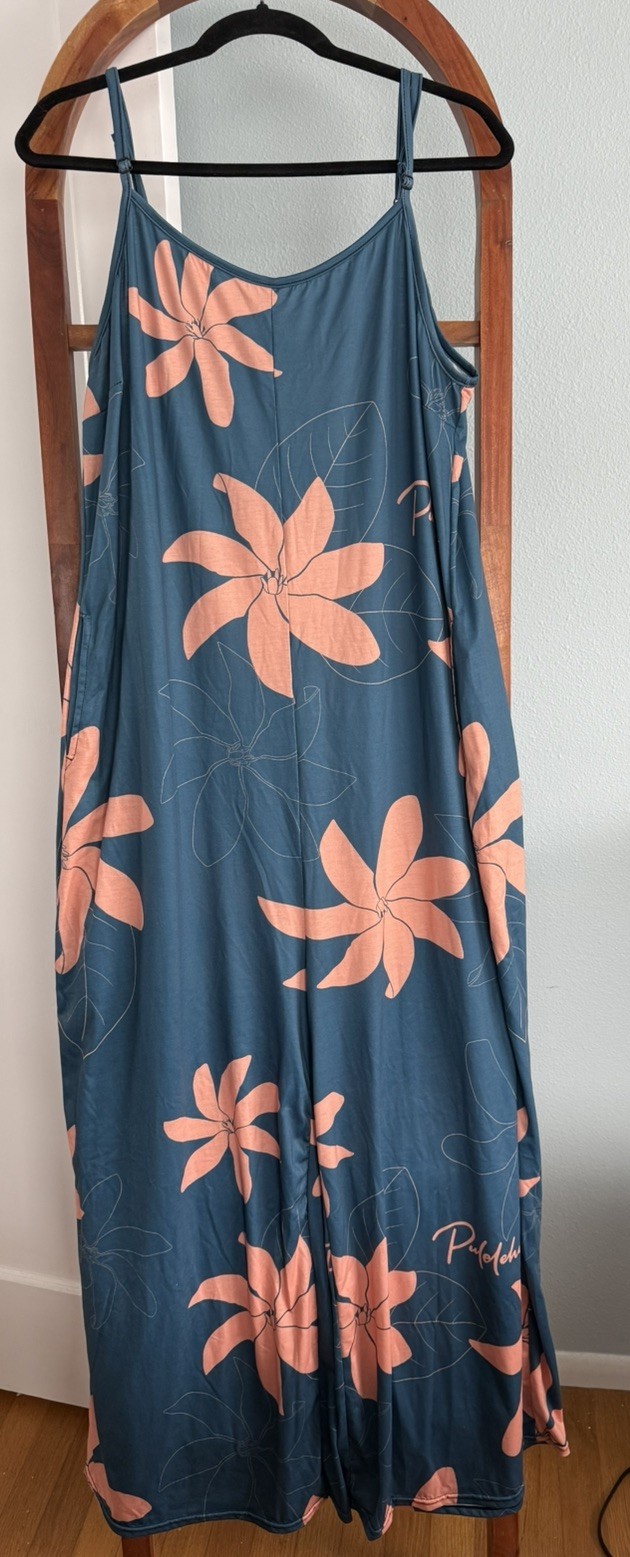 PULELEHUA, MAUI HAWAII Blue Orange Floral JUMPER Dress Overalls Womens Size 2XL