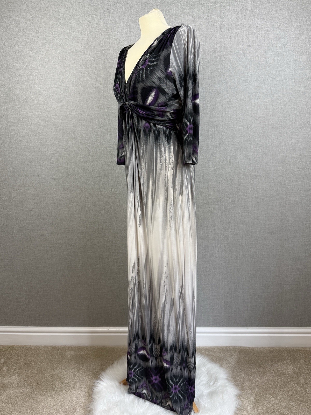 Linea Grey Purple Abstract Knot Front Long Sleeve Maxi Dress UK18 Occasion Party