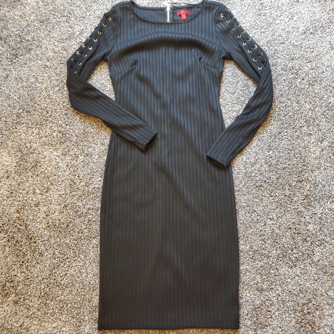 Jennifer Lopez Black Bodycon Pencil Dress Sz 2 Midnight Romance Lace Up Sleeves