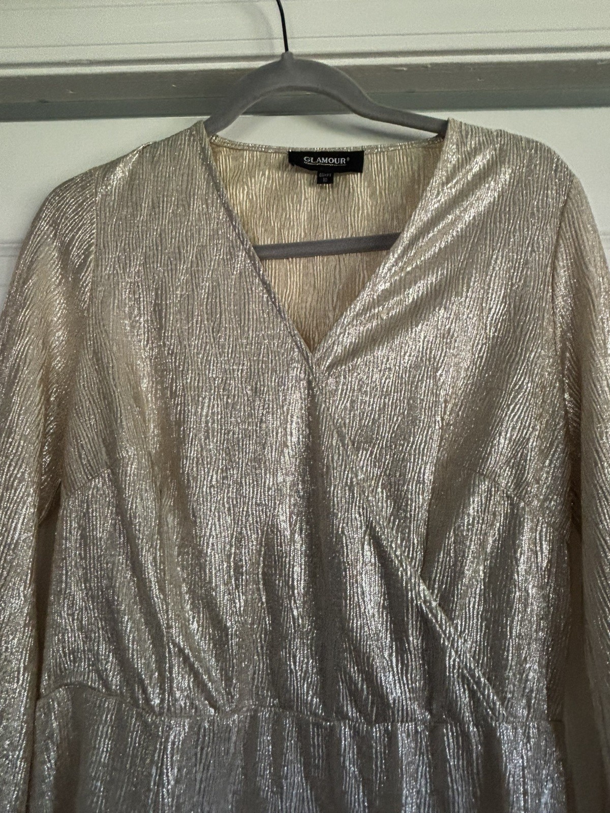 VTG 70’s Glamour Egypt Gold Disco Metallic Surplice Party Dress Long Sleeve