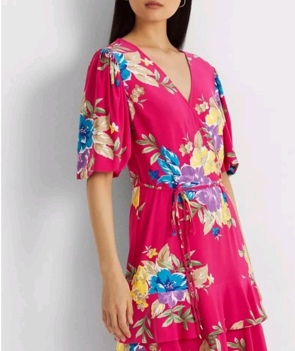 NWT! Lauren Ralph Lauren Pink Floral Jersey Wrap Dress Short Sleeve Ruffle 10P