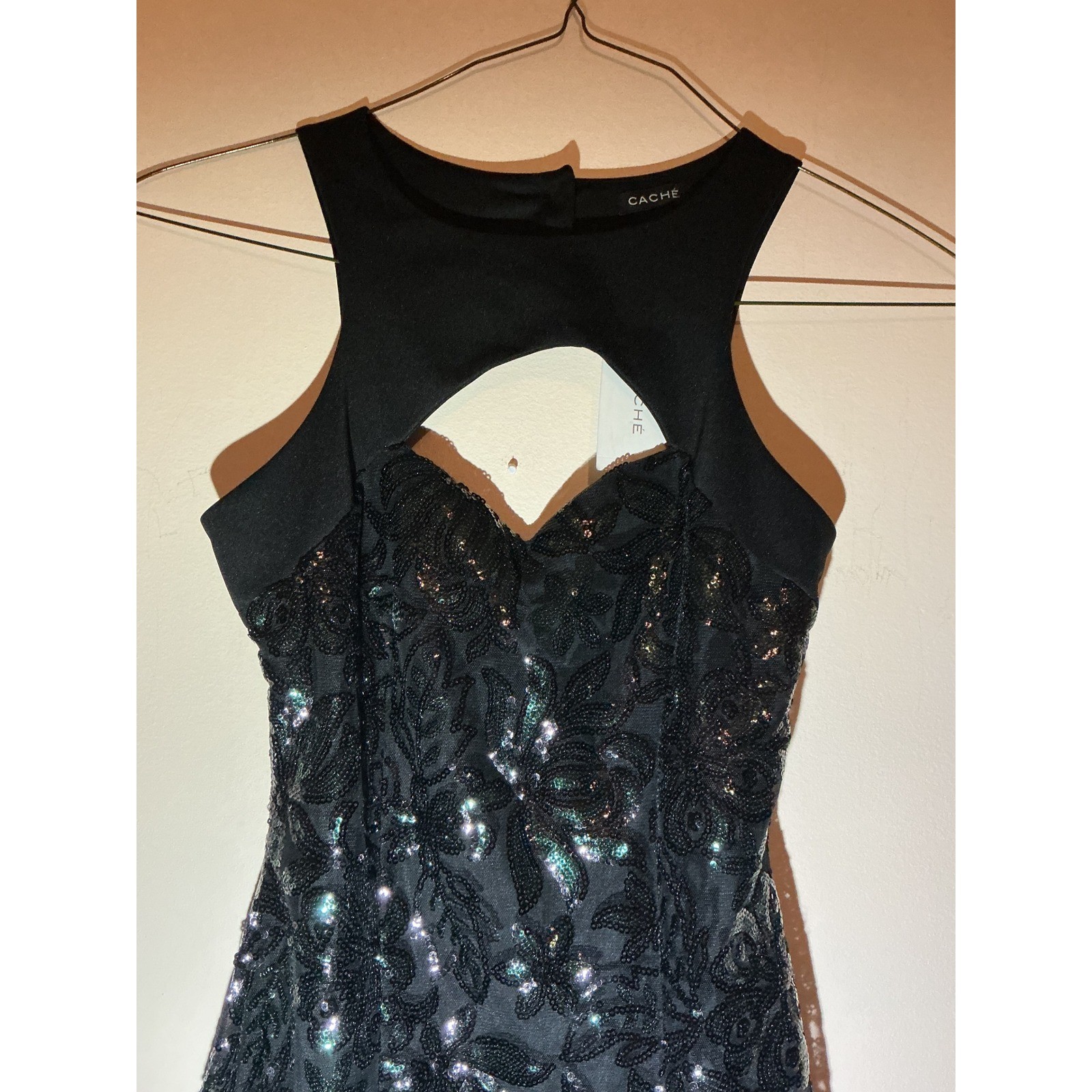 VINTAGE CACHE Black Sequin Cutout Sheath Dress Party Cocktail Occasion Size XS