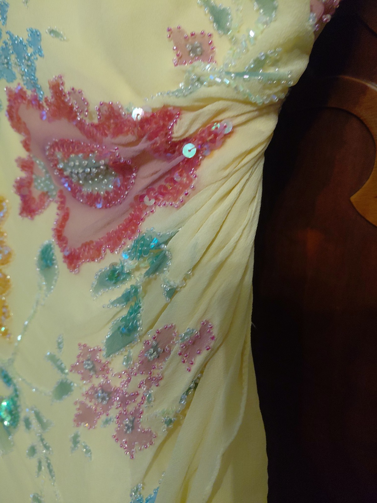 Vintage Cache Yellow Dress Maxi Beaded Floral Gown 2 S Silk Y2K Glam Evening