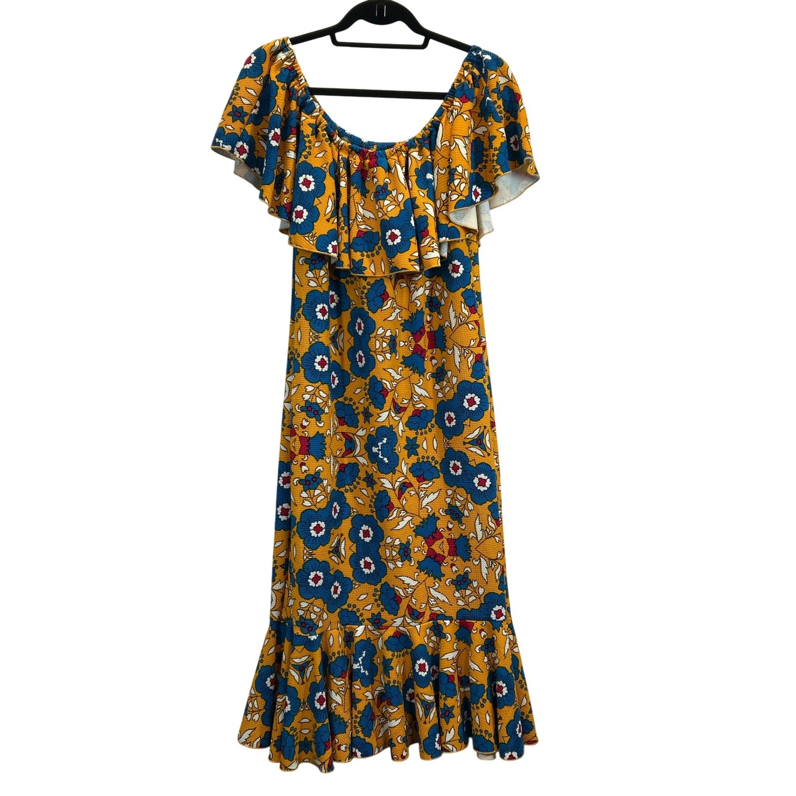 LuLaRoe Maxi Dress Womens XL Yellow Blue White Floral Off Shoulder Ruffle