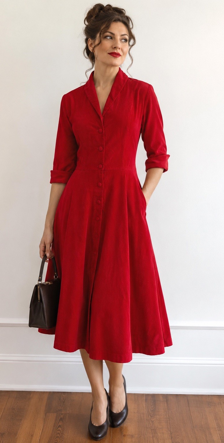 J. Peterman Red Fine Wale Corduroy Retro 40’s Style Fit Flare Midi Dress Sz 8