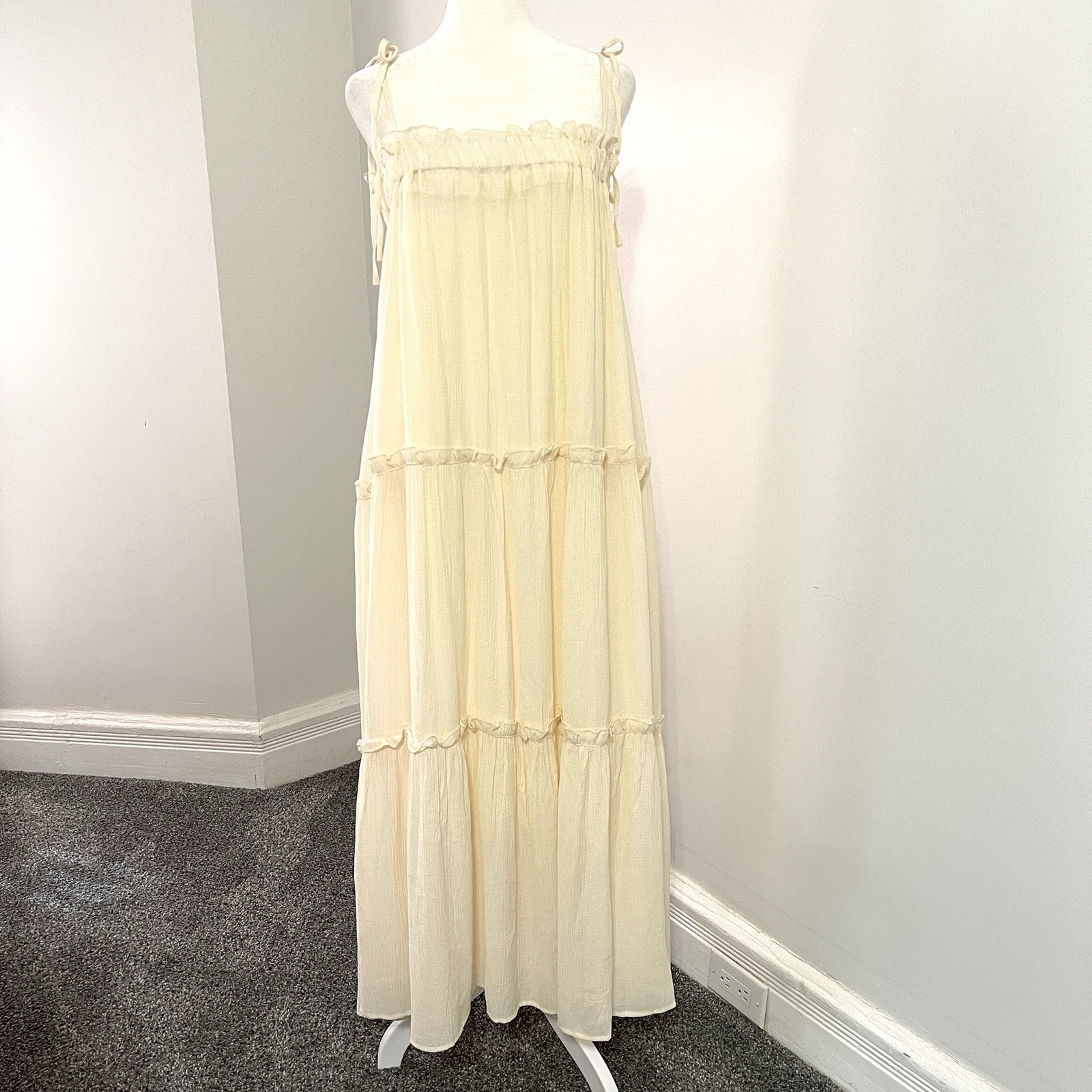 &Merci Kathleen Maxi Dress Size Large Ivory Tiered Shoulder Tie Lined NEW W Tags