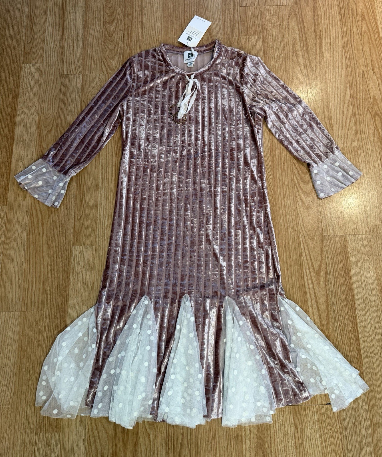 NWT Vicky And Lucas Pink Velvet Midi Mermaid Dress White Polka Dot Tulle Large