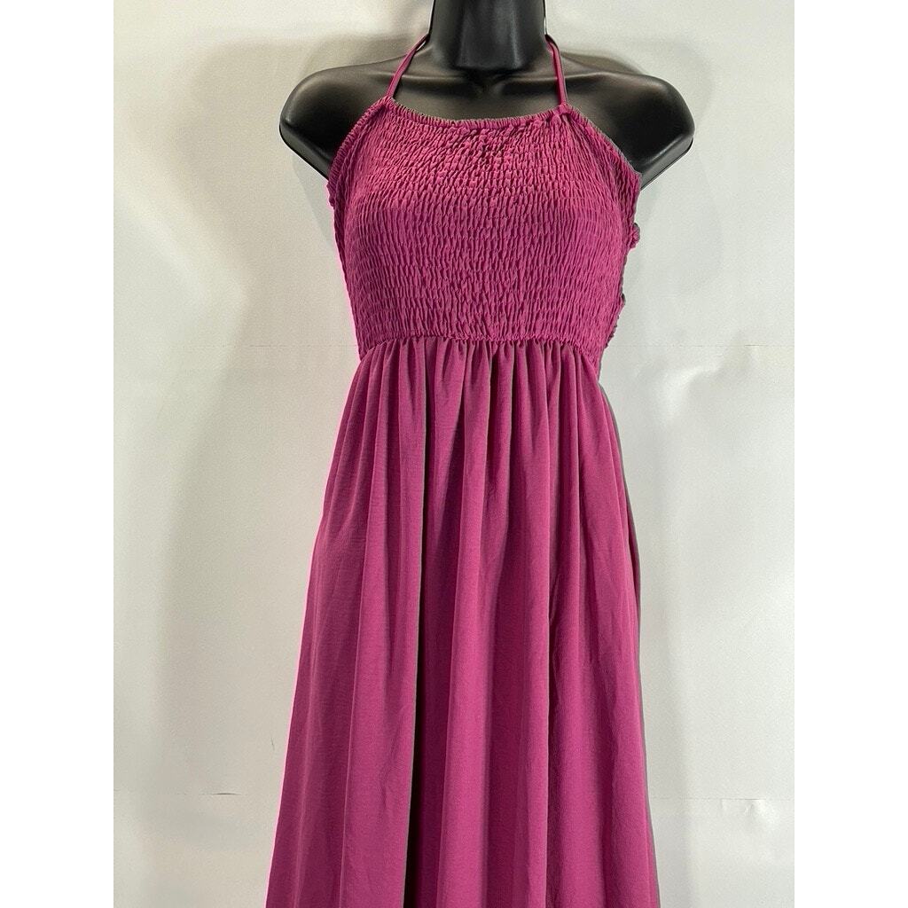 CIDER Women’s Violet Solid Shirred Smocked Bodice Halter Maxi Dress SZ M(US6)