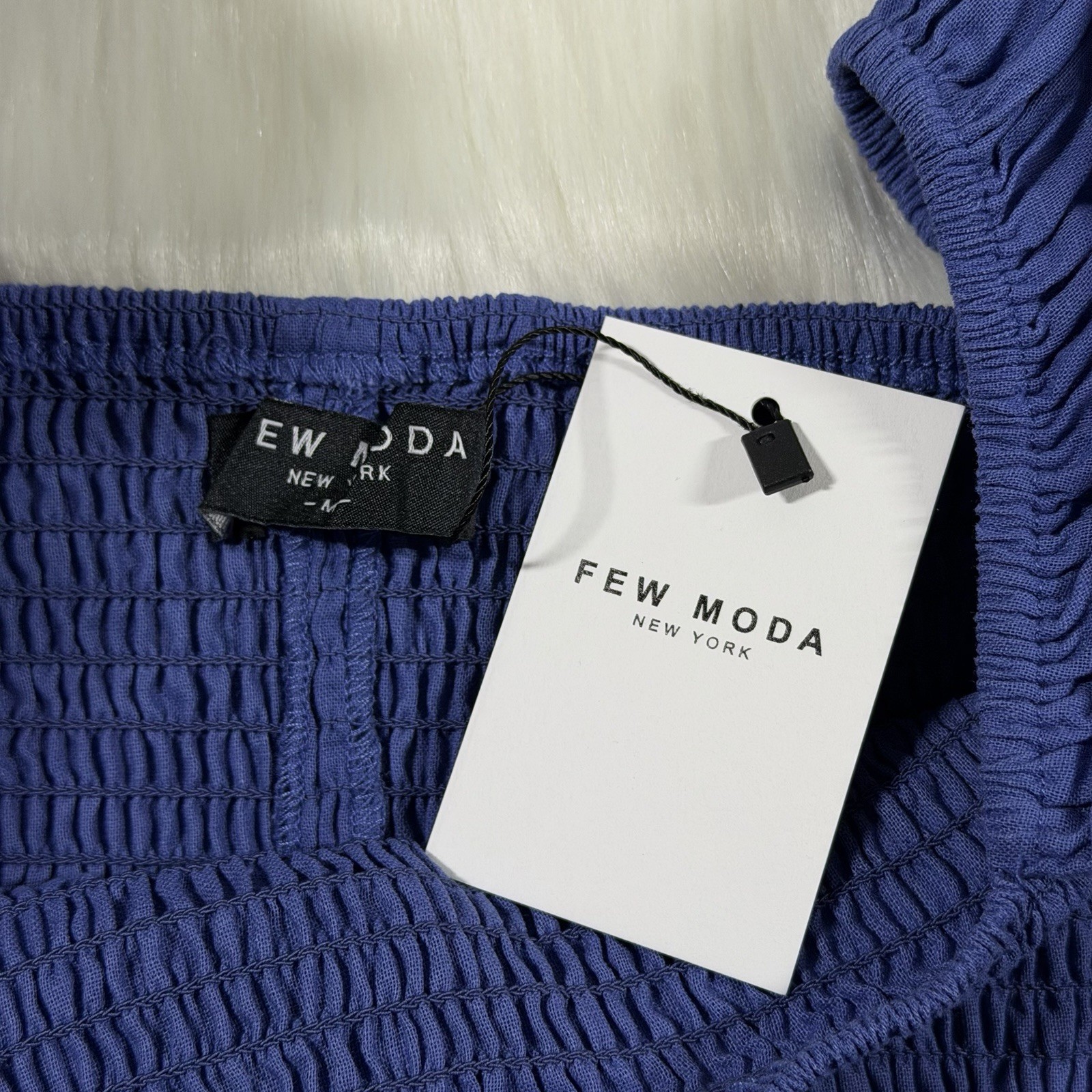 Few Moda Women’s Size Medium Blue Cotton Linen Blend Smocked Midi Dress Tie Belt