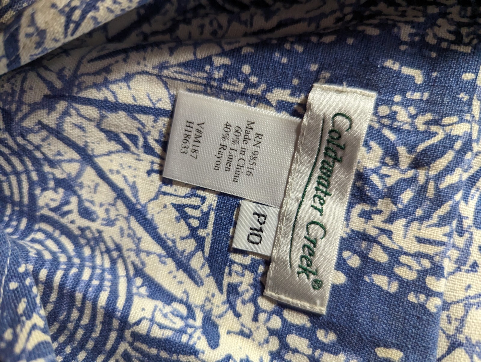 Coldwater Creek Linen Blend Button Down Dress 10P Sleeveless Blue White Vacation