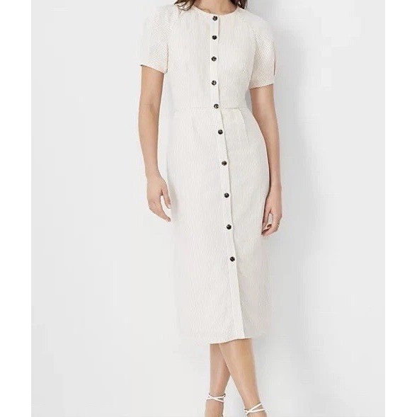 Ann Taylor Petite Beige White Striped Linen Blend Button Front Midi Dress 10P