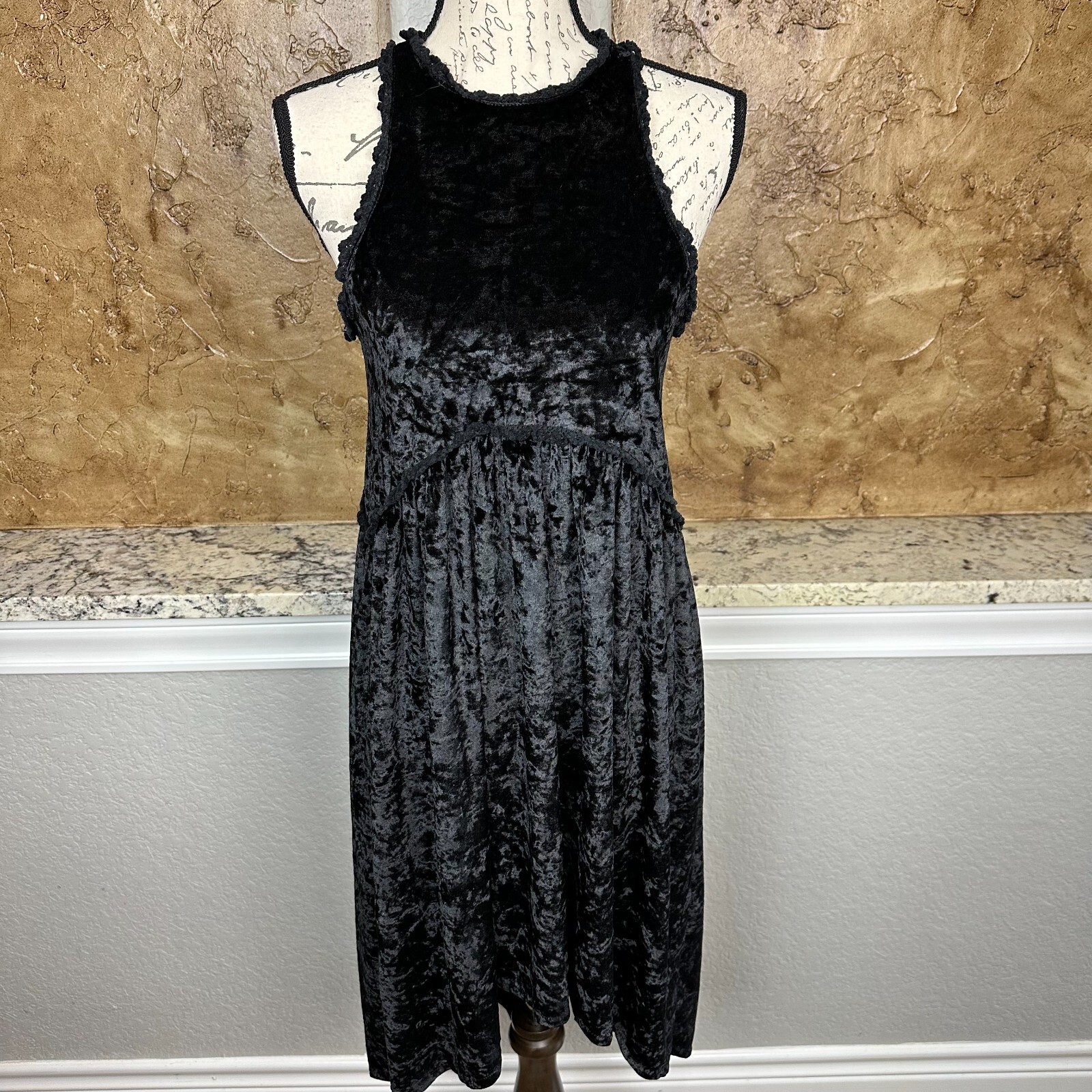 POL Dress Womens Small Midi Crushed Velvet Empire Waist Lace Black Whimsy Goth