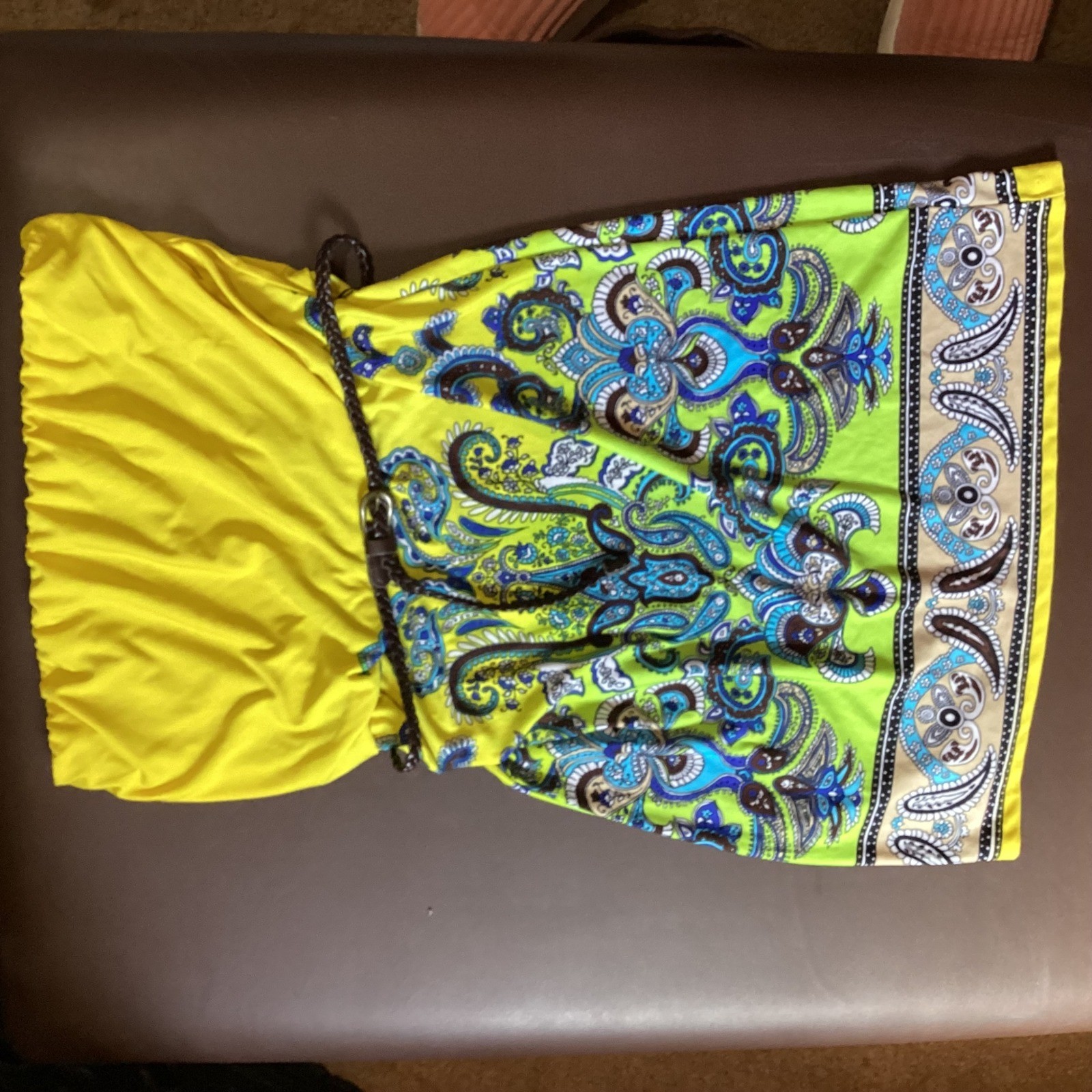 Yellow Paisley Strapless Mini Dress with Braided Belt Boho Summer Tube Top