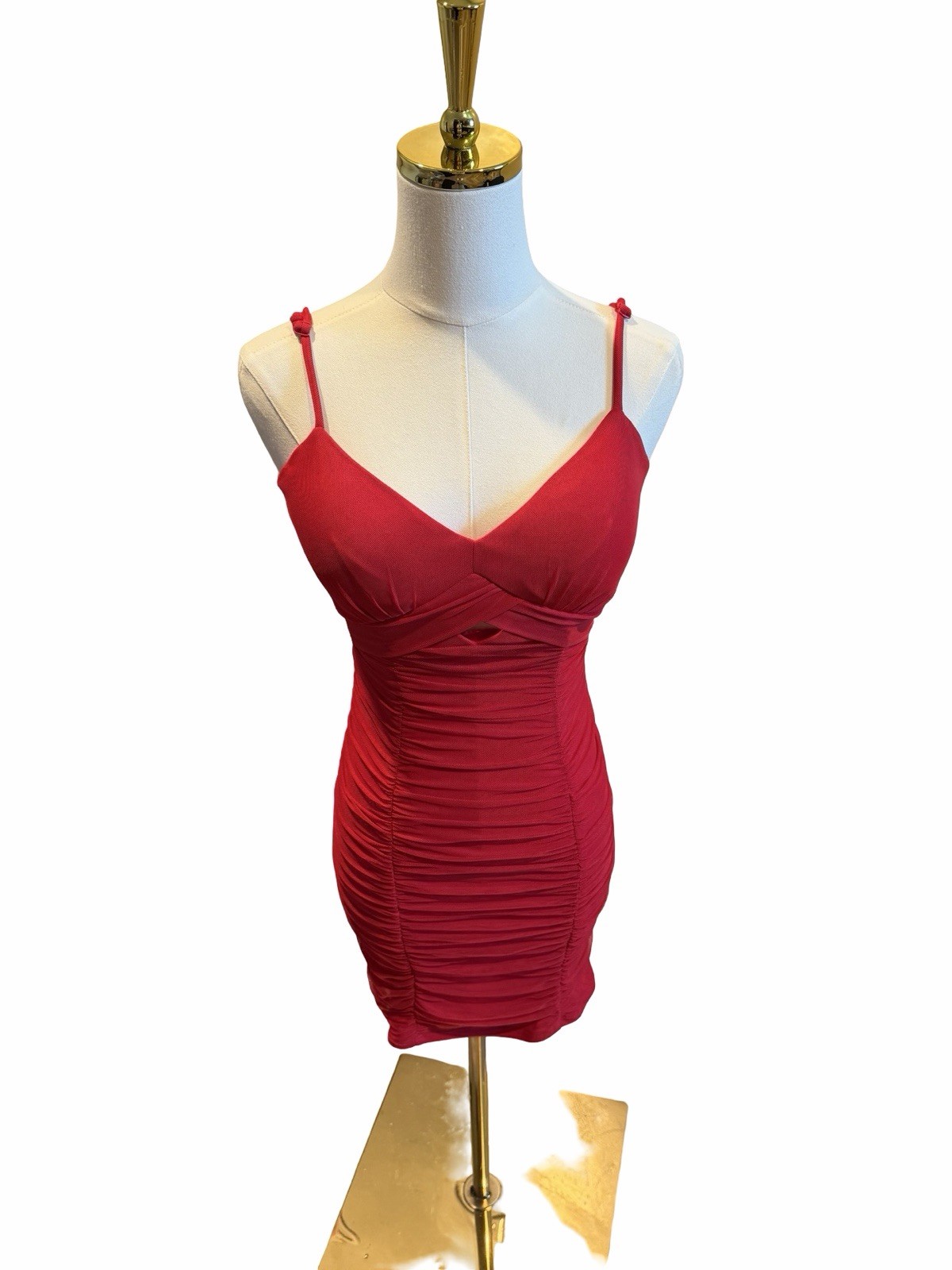 City Studios Red Ruched Bodycon Mini Dress V-Neck Spaghetti Strap Zip Sz small
