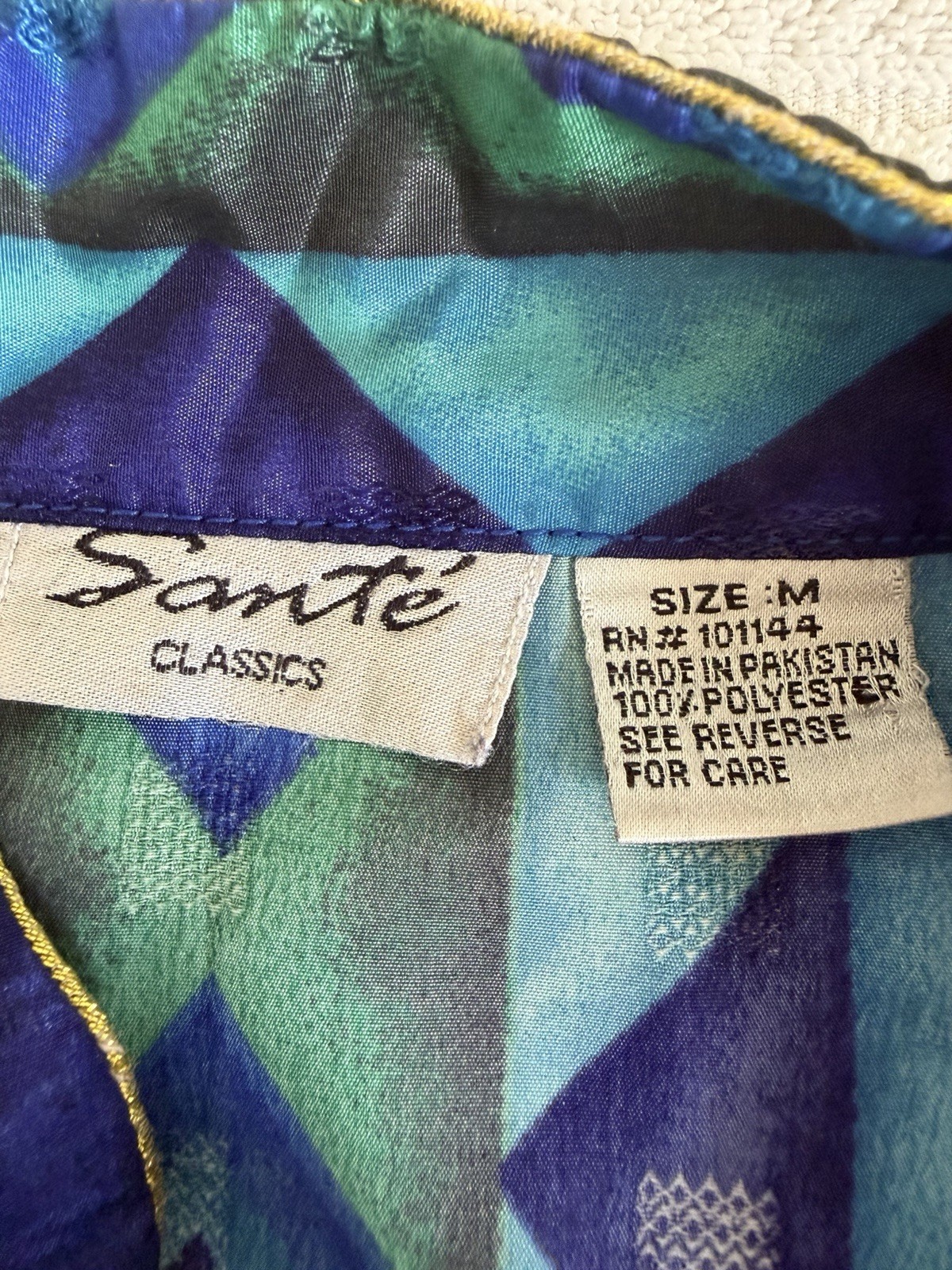 Sante Classics Women M Blue Green Geometric Print Button Front Long Dress Zipper