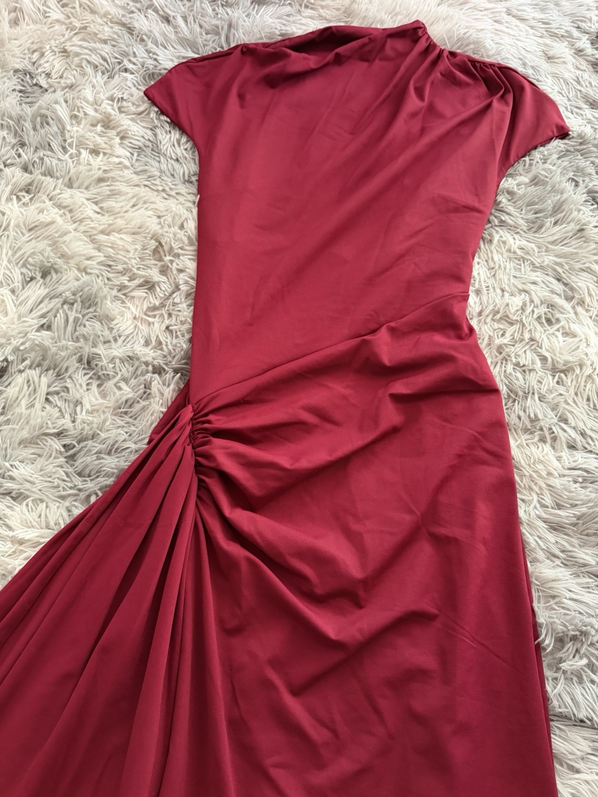 Red Knit Mock Neck Ruched Slit Cap Sleeve Long Maxi Dress Pullover Size M