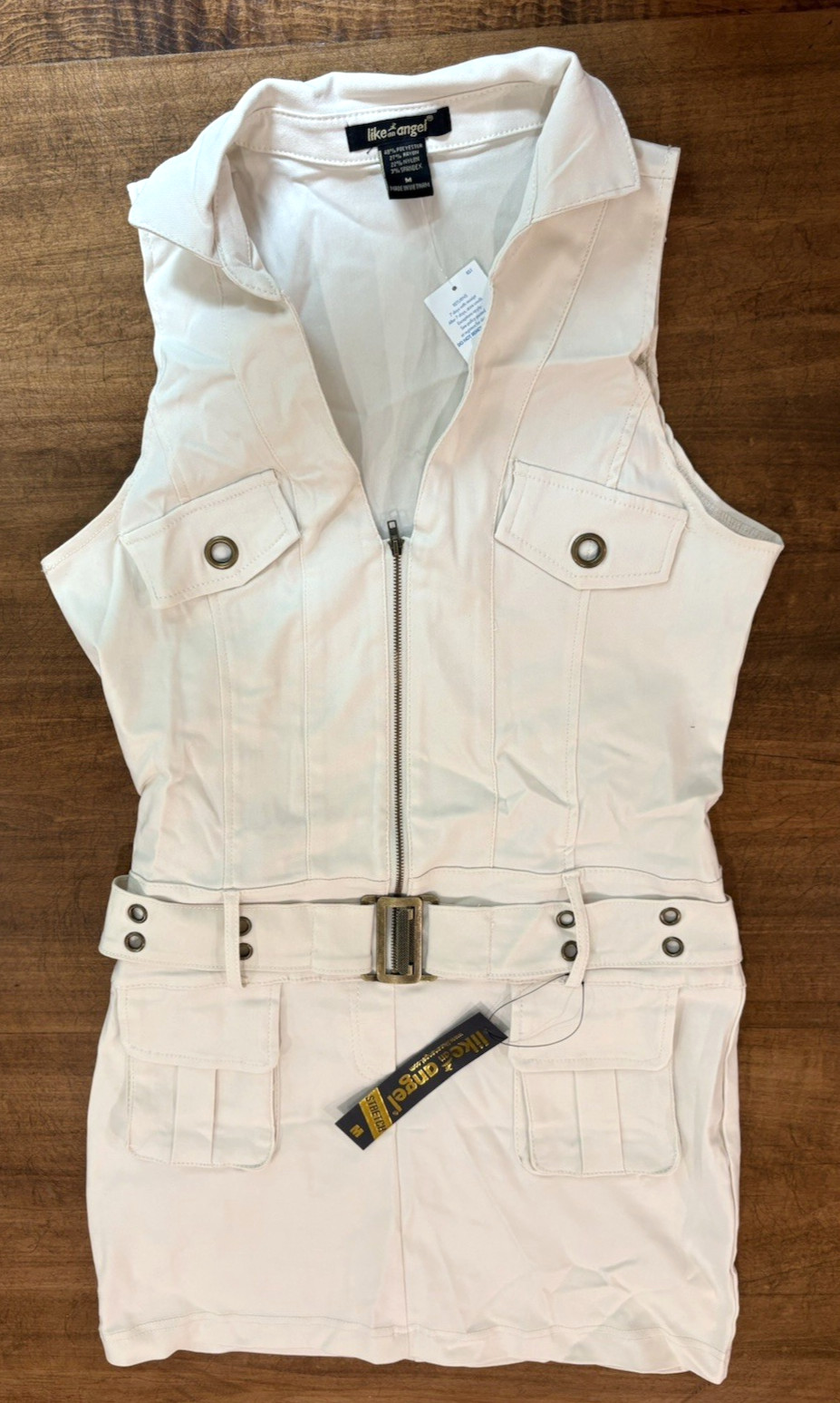 NWT Like An Angel Khaki Cargo Mini Dress Zip Front Belted Grommet Utility M