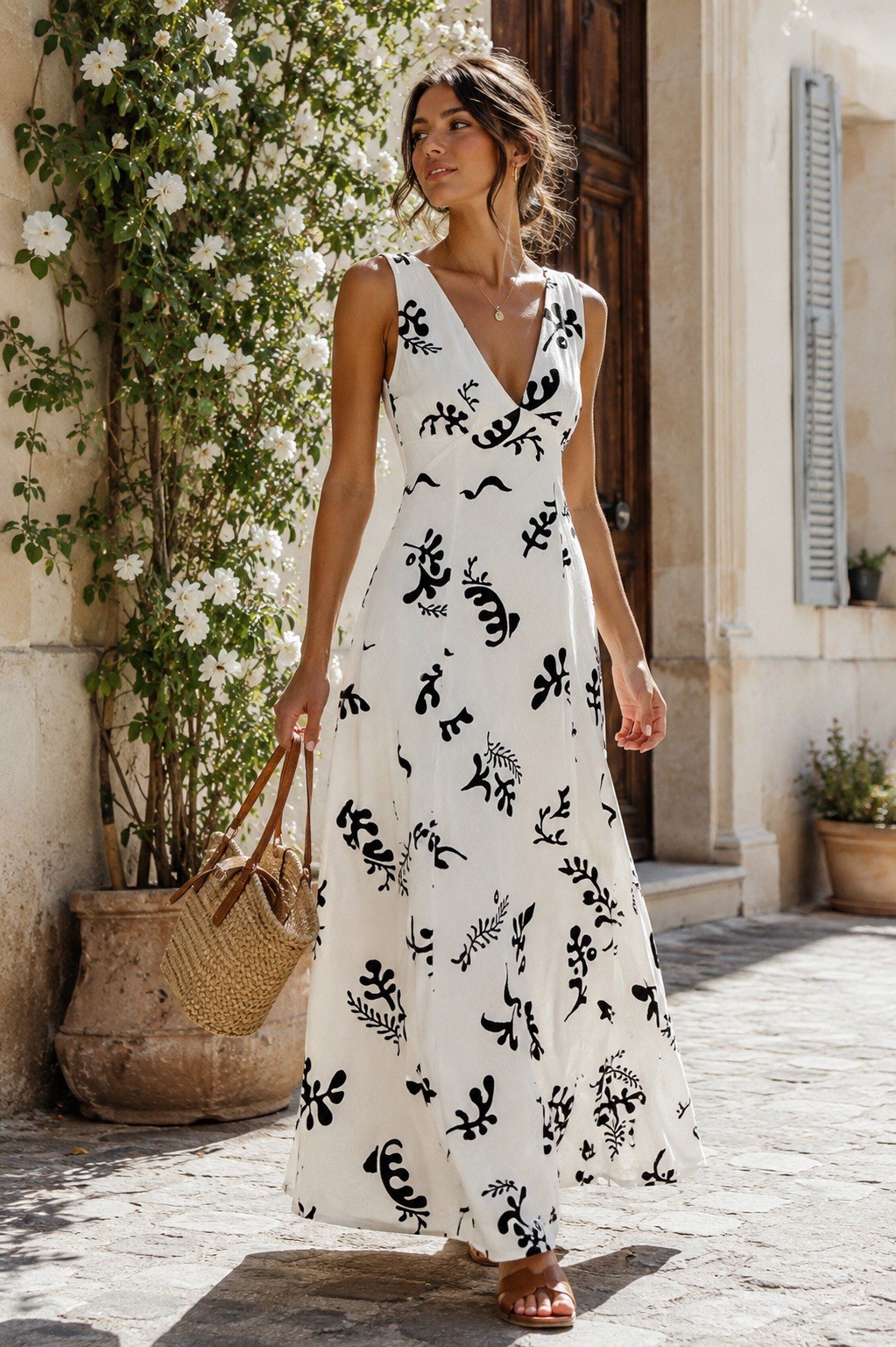 Linen Blend Maxi Dress White Black Abstract Print Cottagecore Boho Summer S