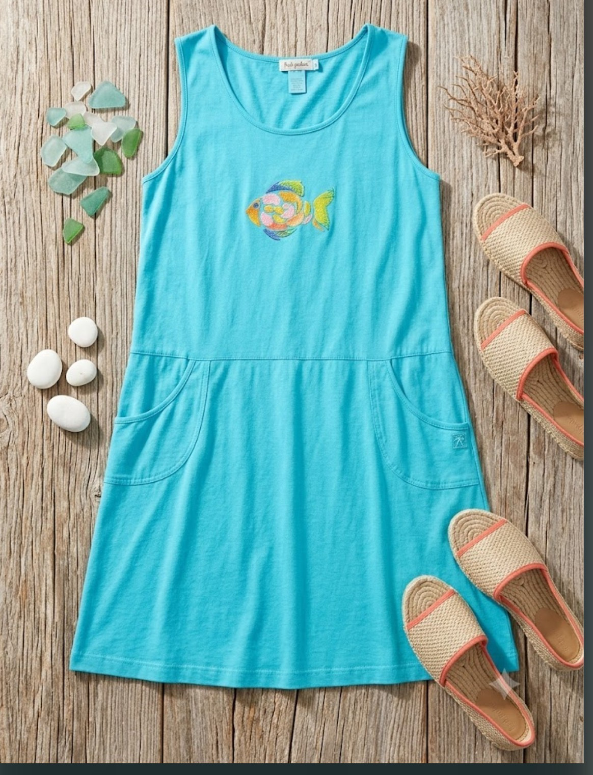 Vintage Fresh Produce Fish Graphic Shift Dress Aqua Blue Cotton Pockets XL