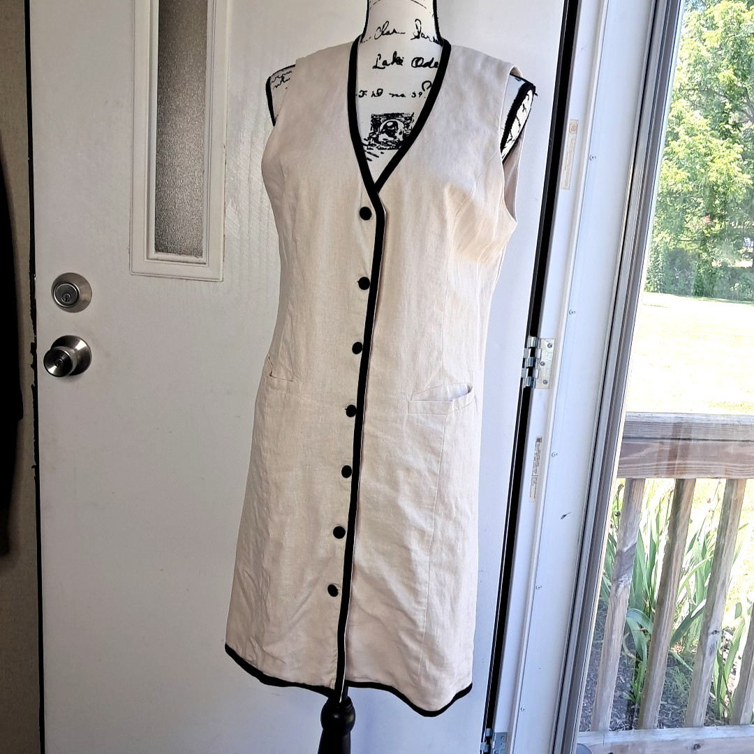 Rachel Zoe Linen Blend Button Up Sleeveless Dress Size M Cream Black Old Money