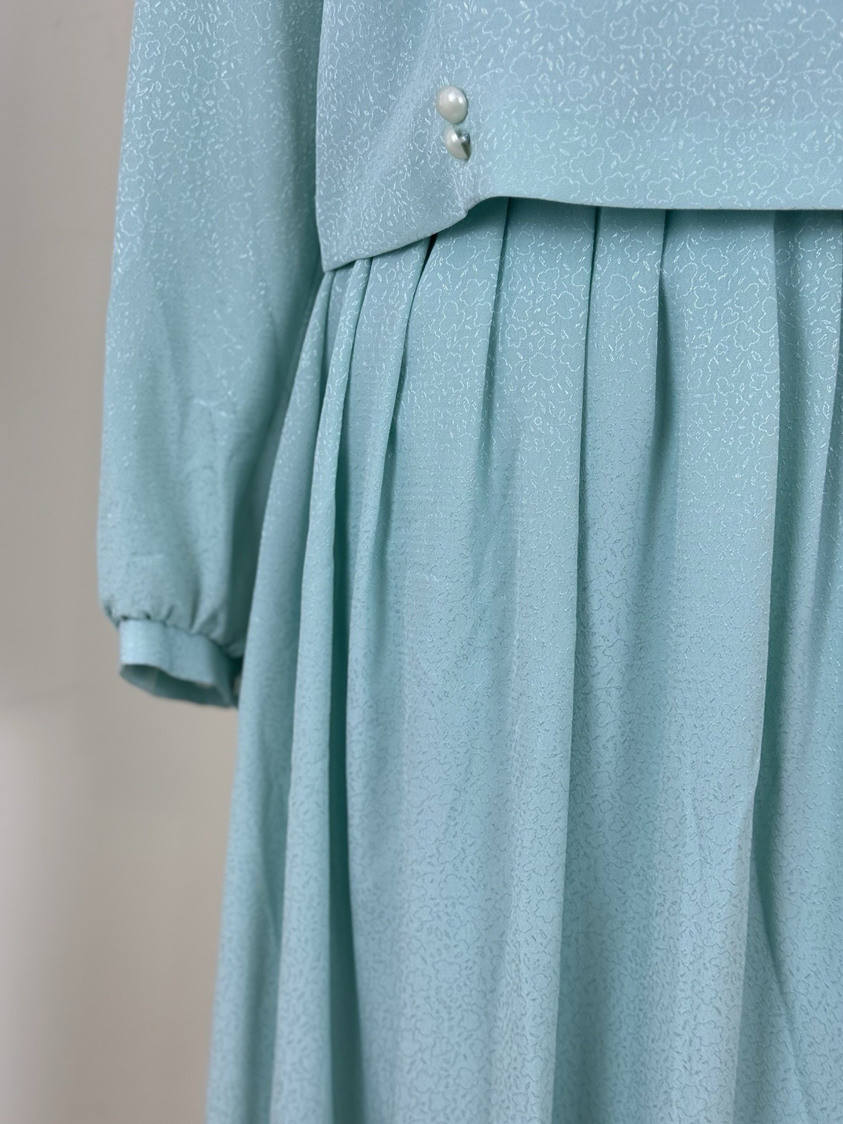 Fransoise Bow Neck Midi Dress Long Sleeve Pearl Button Detail Pleated Skirt
