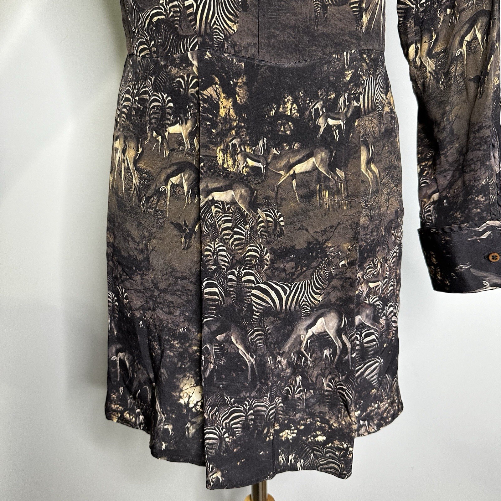 Edun Women’s Long Sleeve Silk Mini Shirt Dress In Jungle Zebra Animal Print M