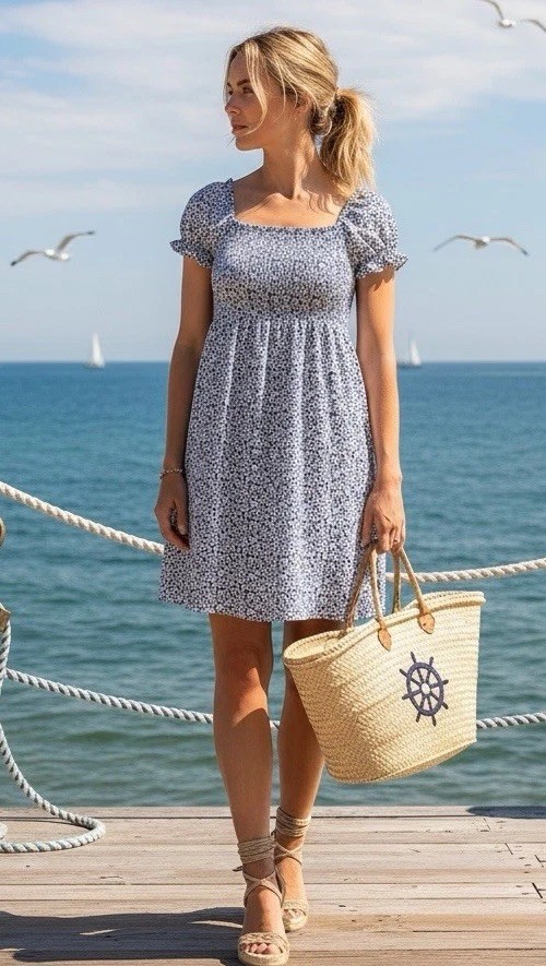 Tuckernuck Sail to Sable Blue White Smocked Nap Dress Puff Short Sleeve Sz S