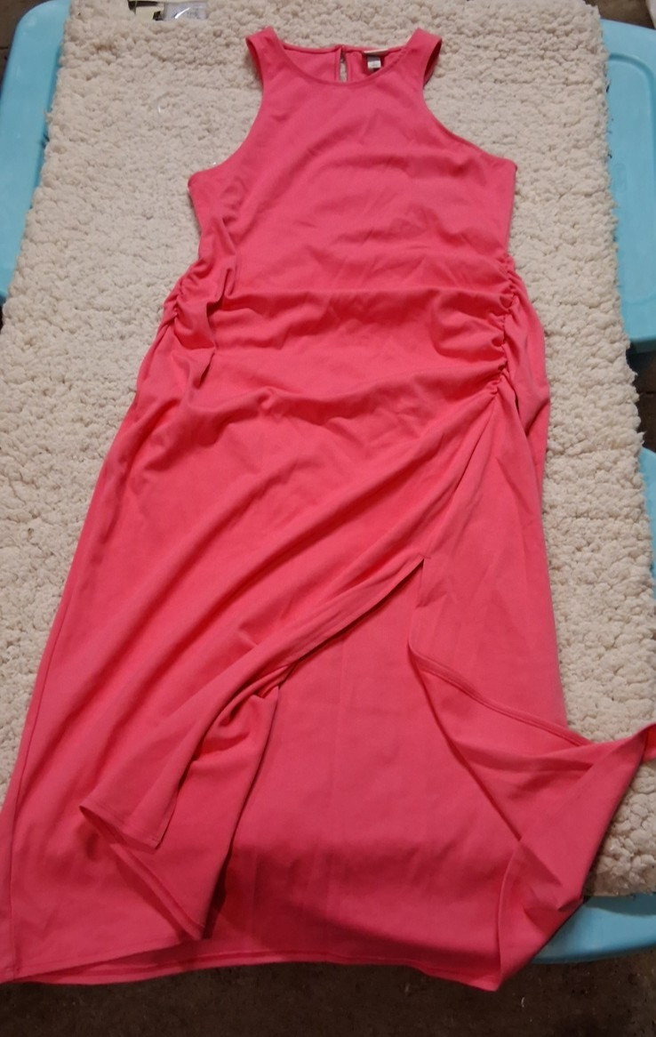 A New Day Hot Pink Sleeveless Ruched Ponte Maxi Slit Dress Size L NWT