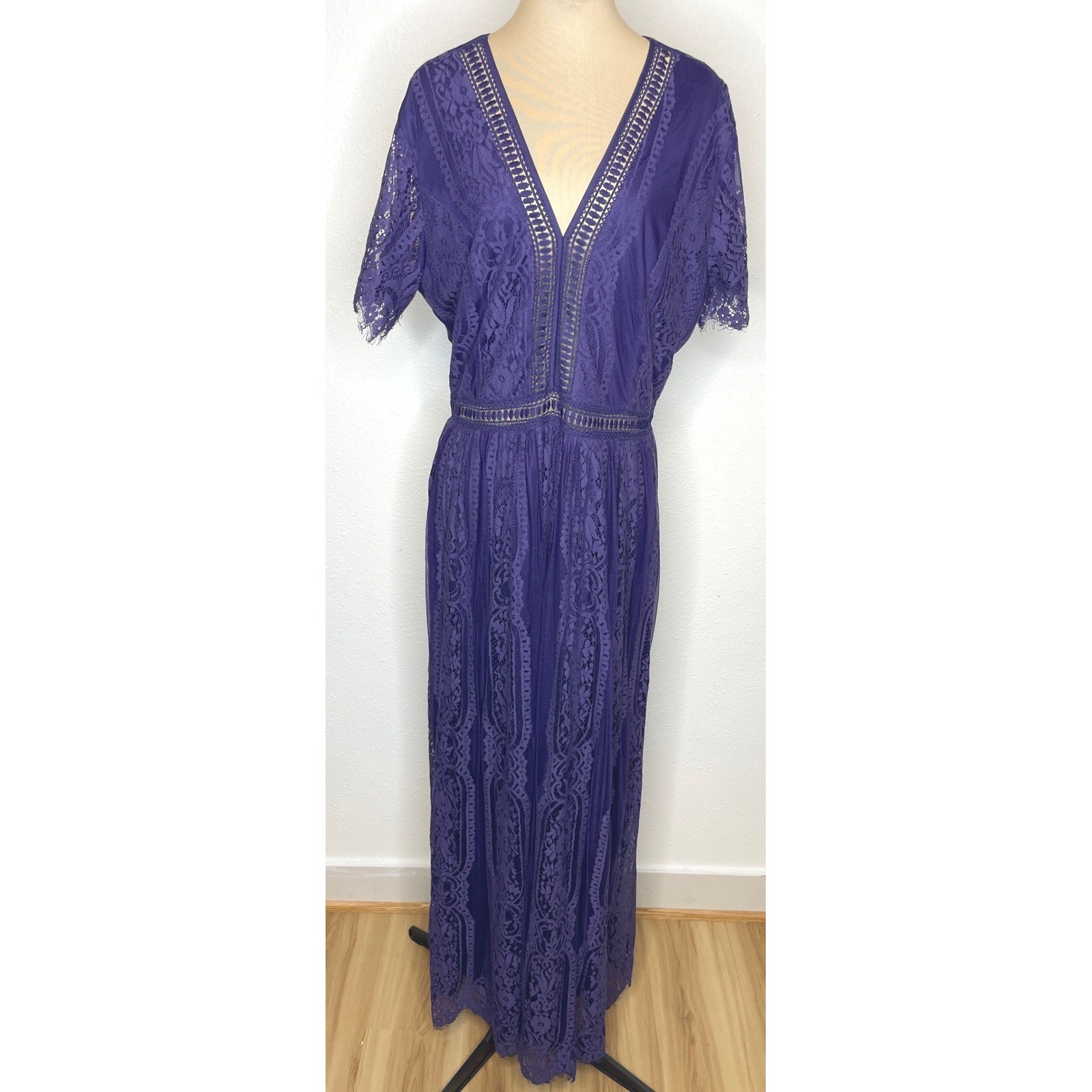 Unbranded Womens Maxi Dress Lace V-Neck Boho Eyelash Trim 2XL Purple