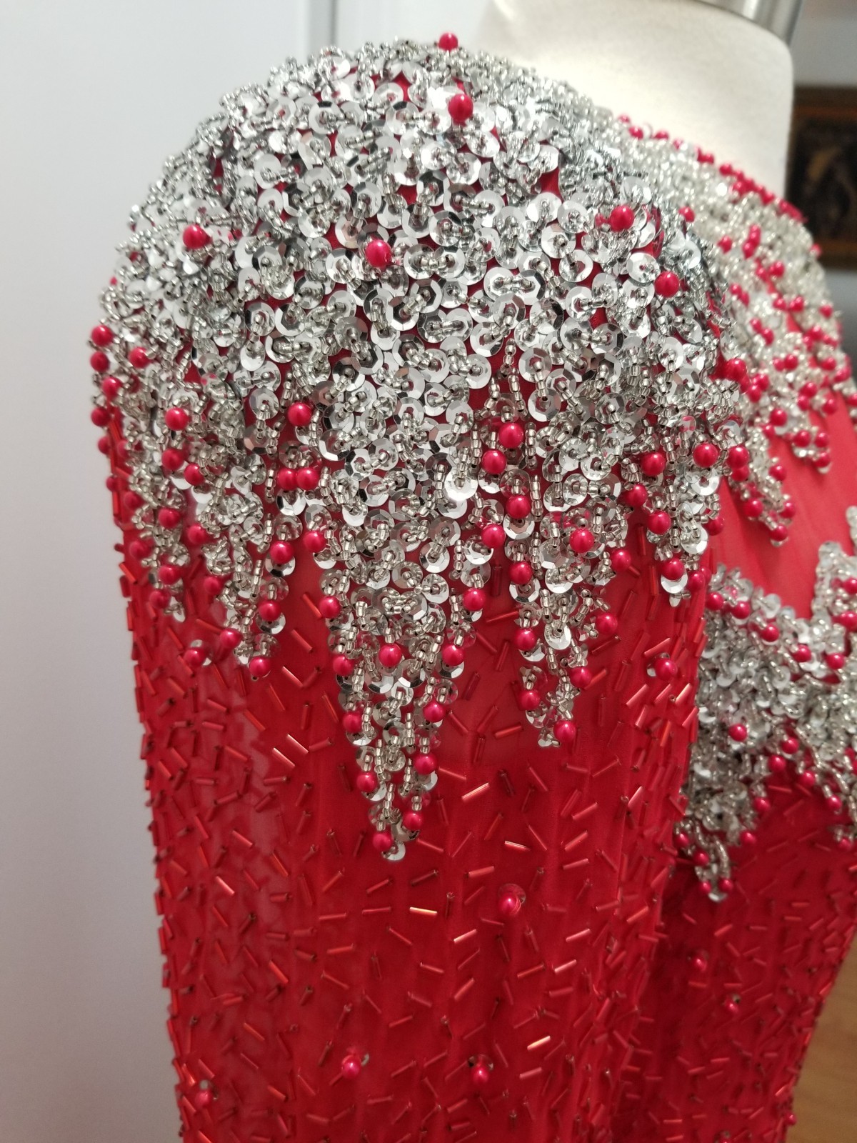 Red and silver beaded and Sequined long sleeve cocktail dress