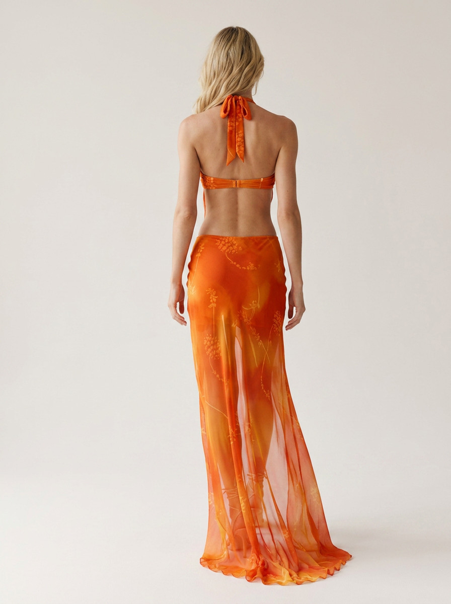 Sunset Floral Sheer Cut-Out Maxi Dress