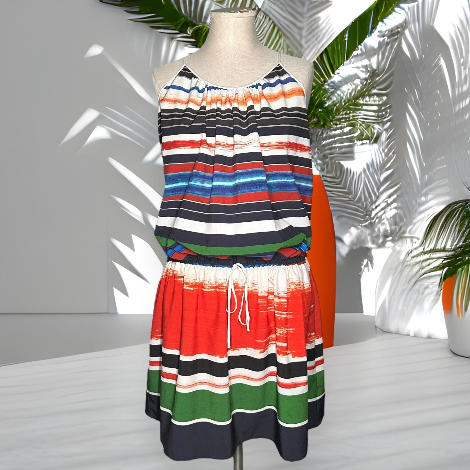 CLOVER CANYON Stripe Spaghetti Strap Mini Dress Beach Tropical Blouson Sundress