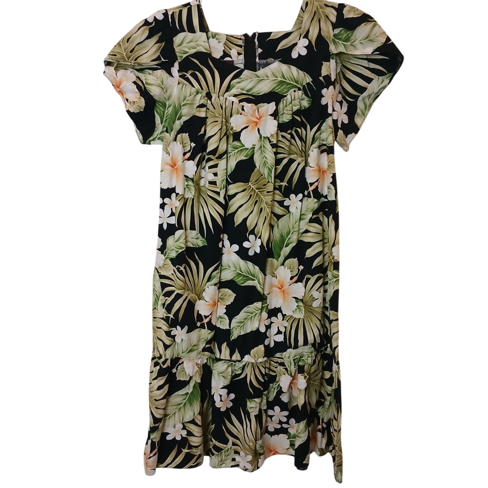 Aloha Moi Hawaii Womens Floral Dress L Black/Green Short Sleeve Back Zipper I-12