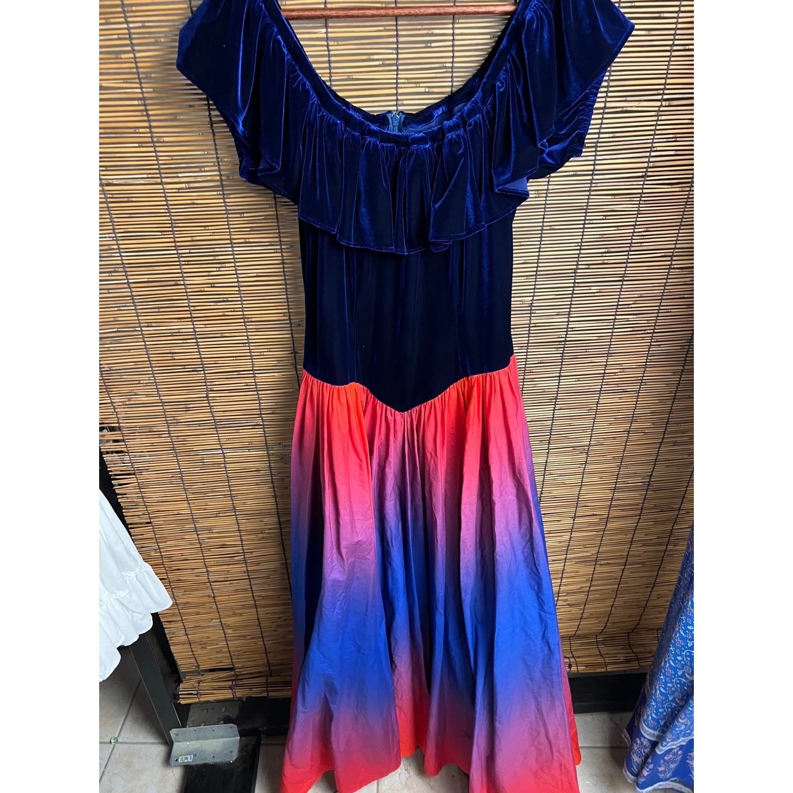 Ui No! Hawaii Velvet Off Shoulder Ombre Maxi Dress Navy Blue Red Purple 11-12