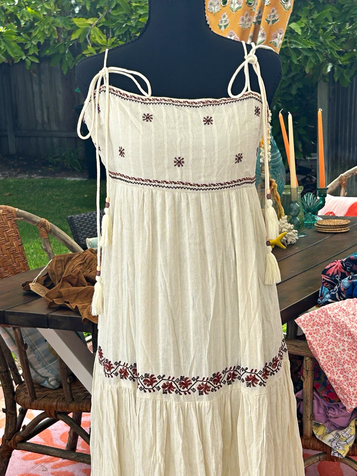 NWT American Eagle Ivory Embroidered Smocked Tie Strap Maxi Dress Cotton M