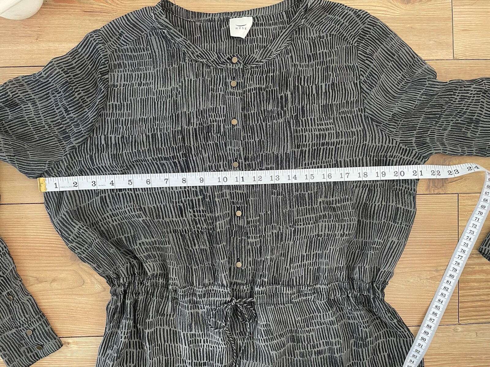 HUSK Australia Grey/ Green Pattern Layering Shirt Dress Drawstring Fits Uk 12